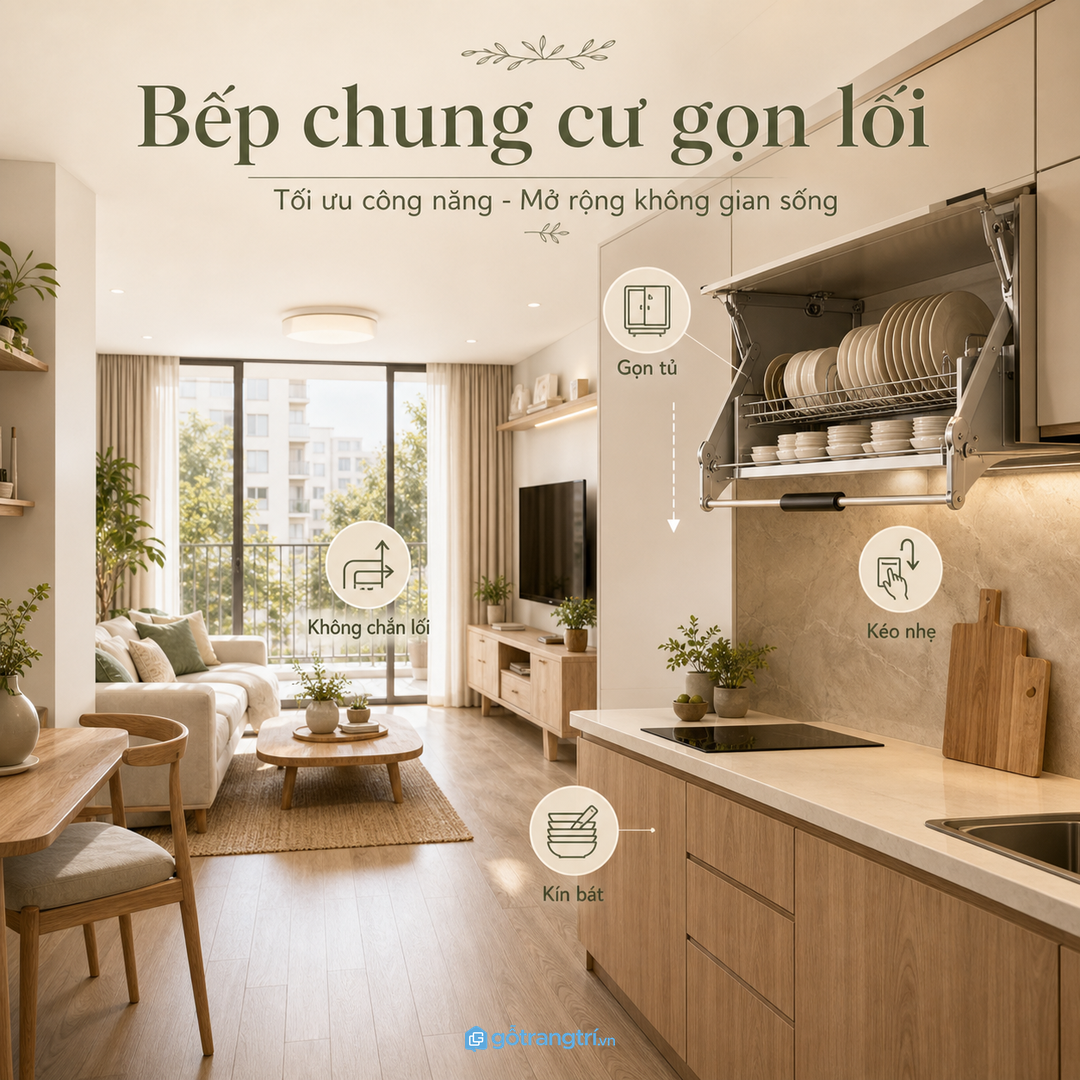 Bếp chung cư dùng giá bát nâng hạ để bát đĩa gọn trong tủ trên