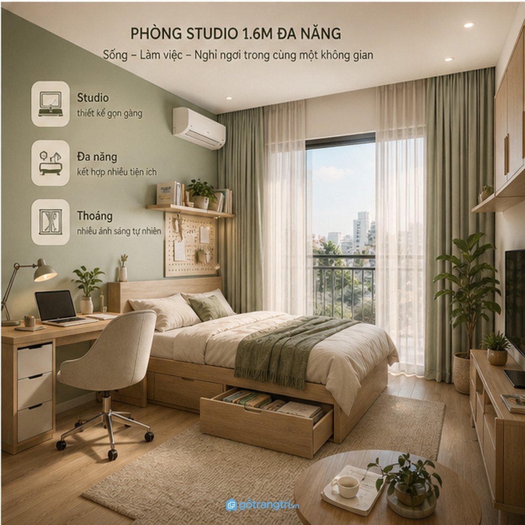 Căn hộ một phòng ngủ cần giường 1m6 gọn, ấm và có kho dưới gầm