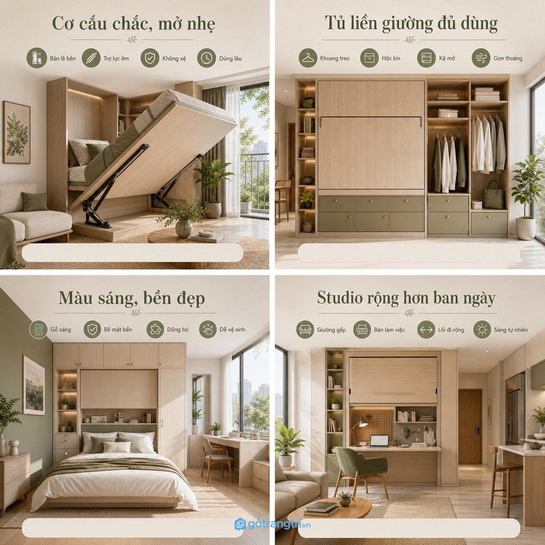 Căn hộ studio có thể dùng giường gấp để mở bàn làm việc ban ngày