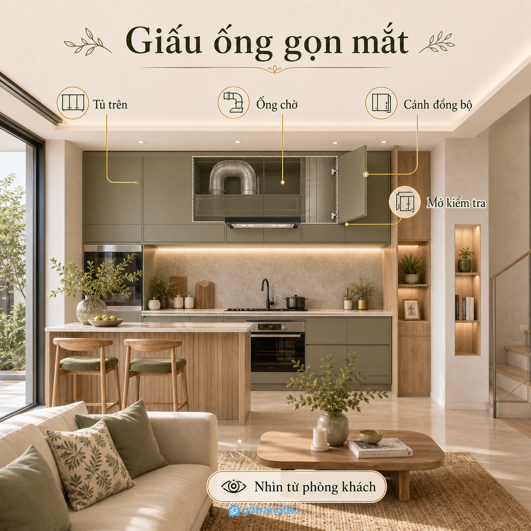 Bếp chung cư nên giấu ống hút mùi trong tủ cao gọn mắt