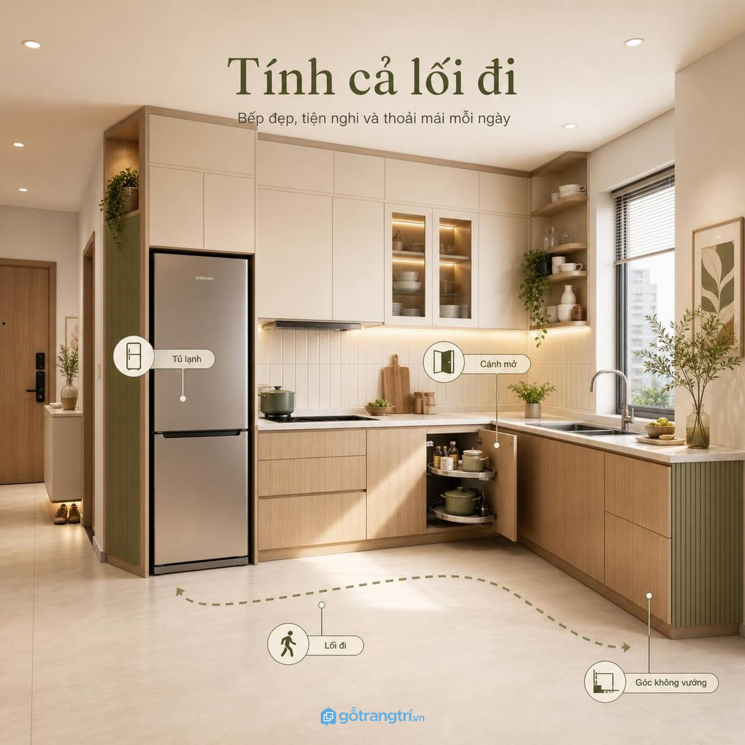 Bếp chung cư chữ L cần tính kệ góc cùng tủ lạnh và lối đi