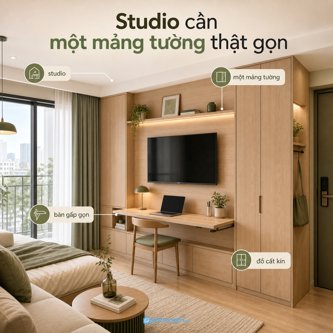 Căn hộ studio cần mảng tivi kiêm bàn làm việc thật gọn