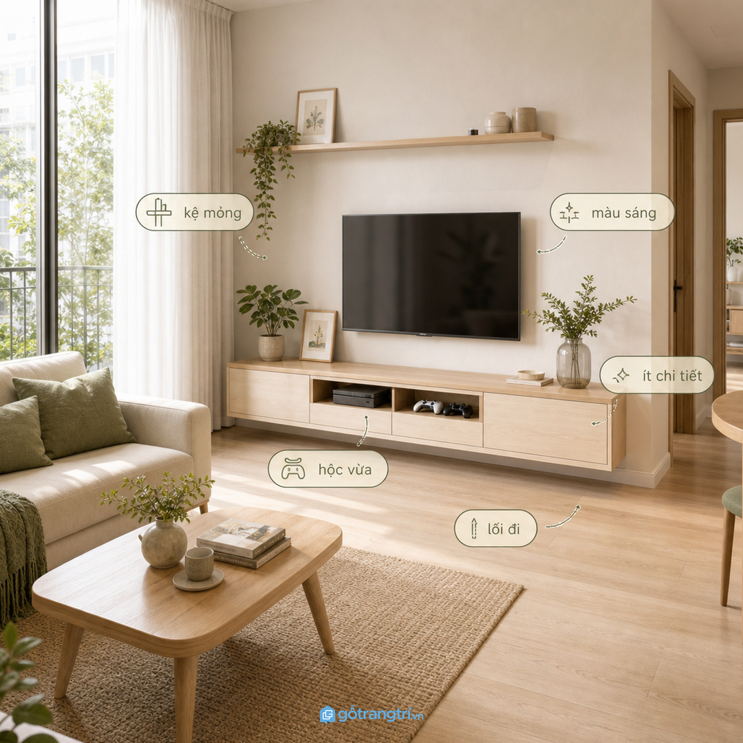 Căn hộ nhỏ nên ưu tiên kệ tivi mỏng, thoáng và ít chi tiết