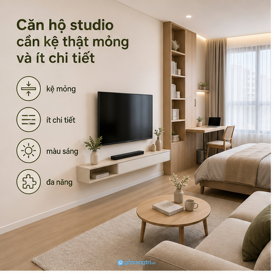 Căn hộ studio cần kệ thật mỏng và ít chi tiết