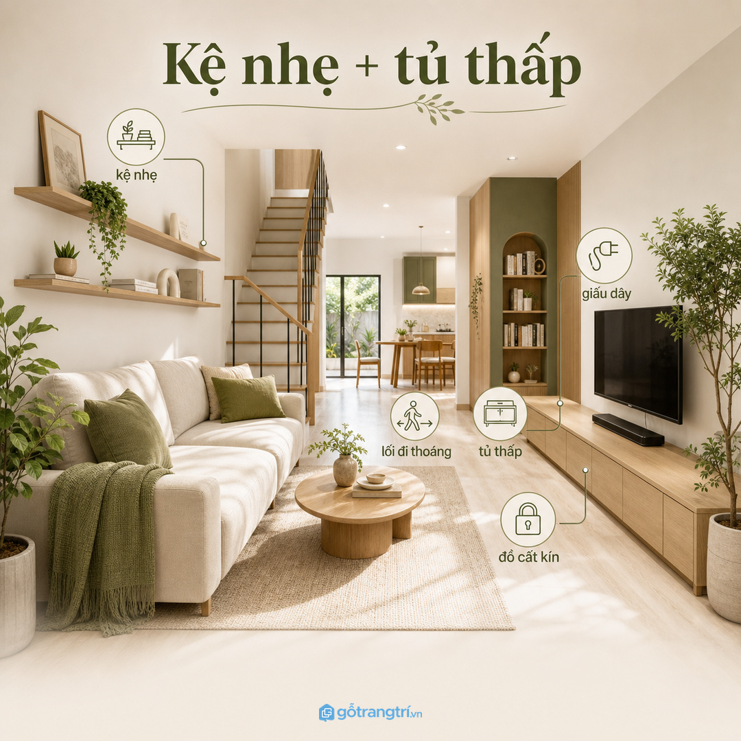 Căn hộ nhỏ nên dùng kệ mảnh và decor ít món