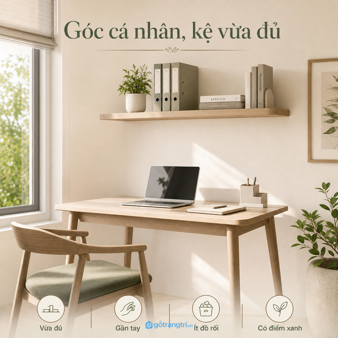 Góc làm việc cá nhân cần kệ vừa đủ, không biến thành kho nhỏ.
