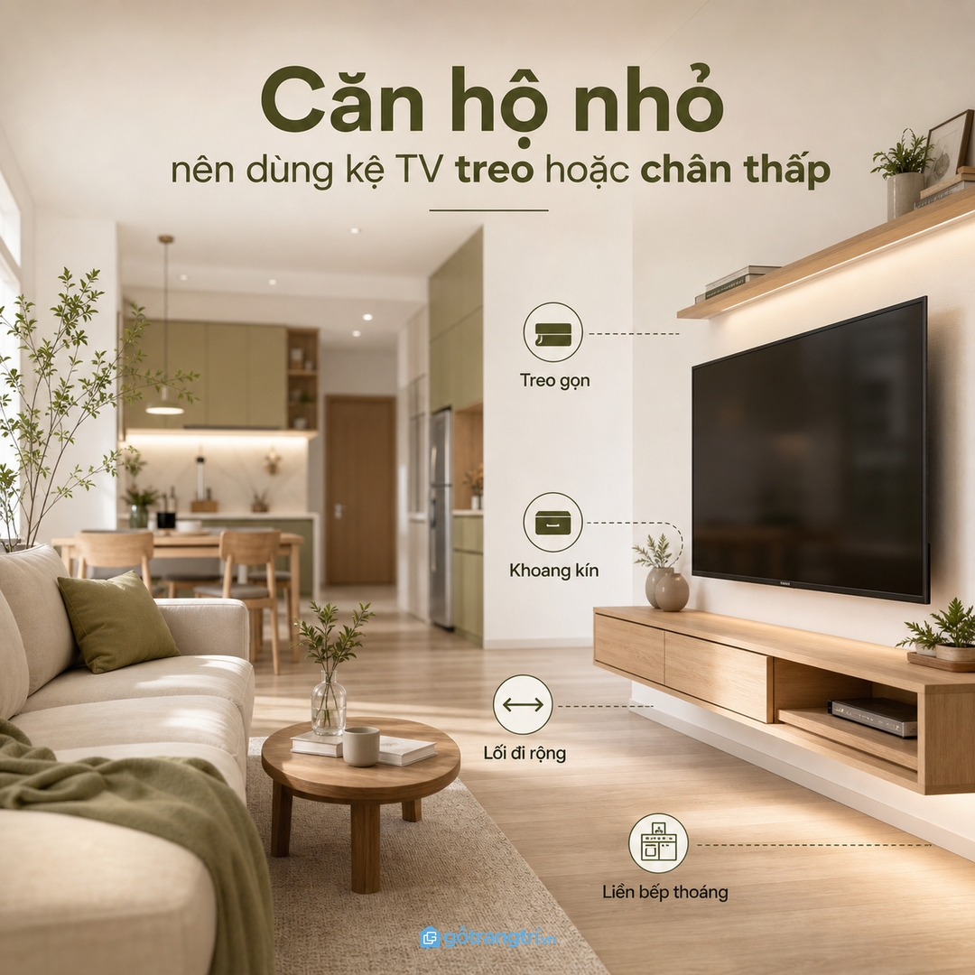 Căn hộ nhỏ hợp kệ TV treo hoặc chân thấp để giữ lối đi thoáng
