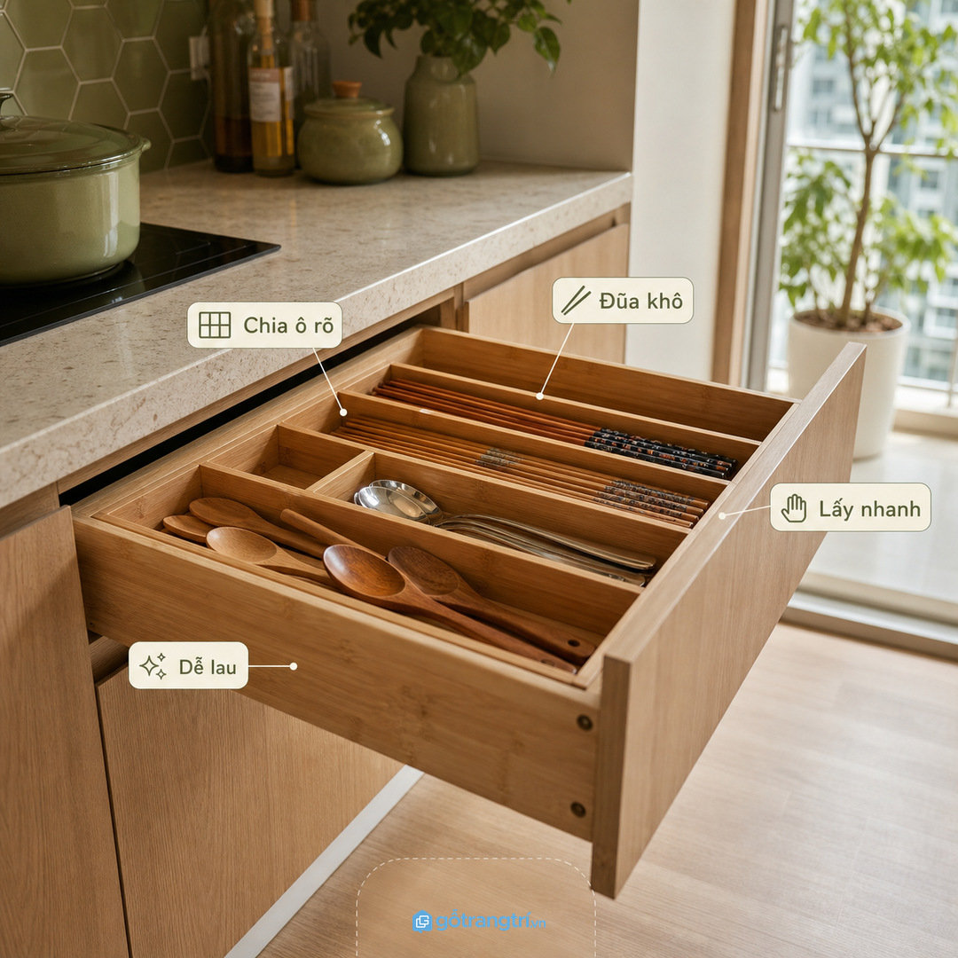 Bếp nhỏ nên gom đồ nhỏ vào ngăn gần khu soạn nấu
