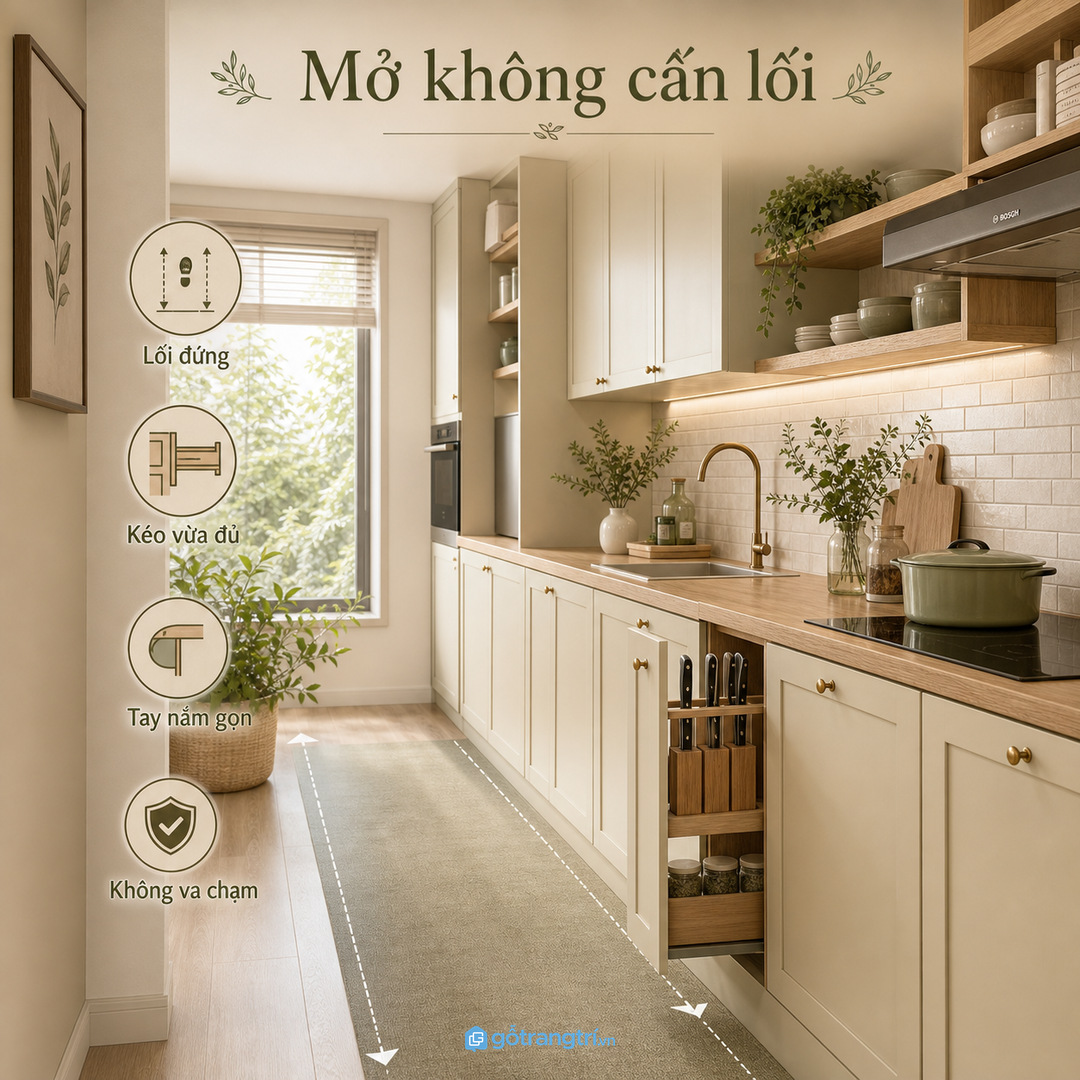 Bếp chung cư nhỏ cần khay dao thớt mở không cấn lối đi