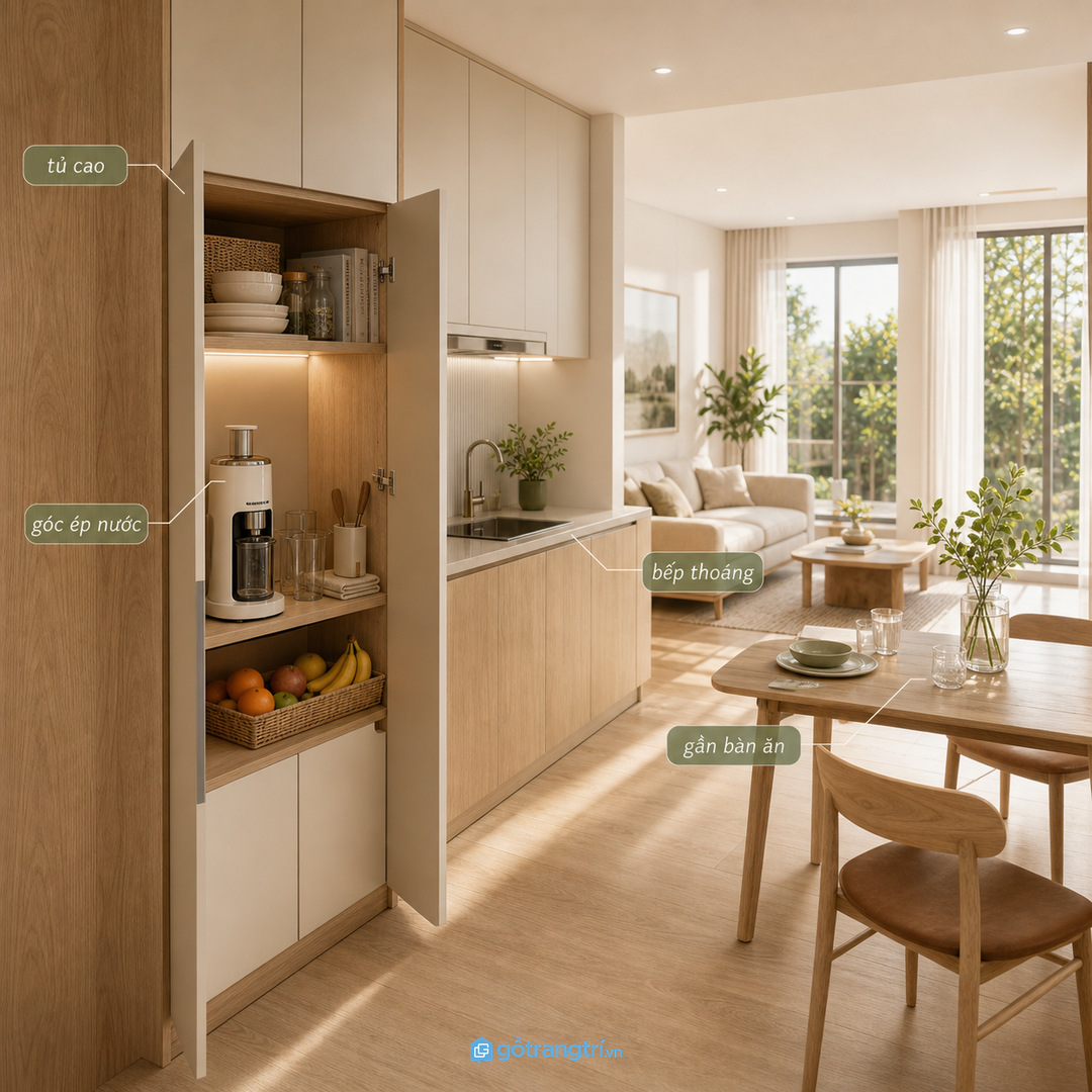 Căn hộ nhỏ có thể gom góc ép nước vào tủ cao hoặc tủ phụ