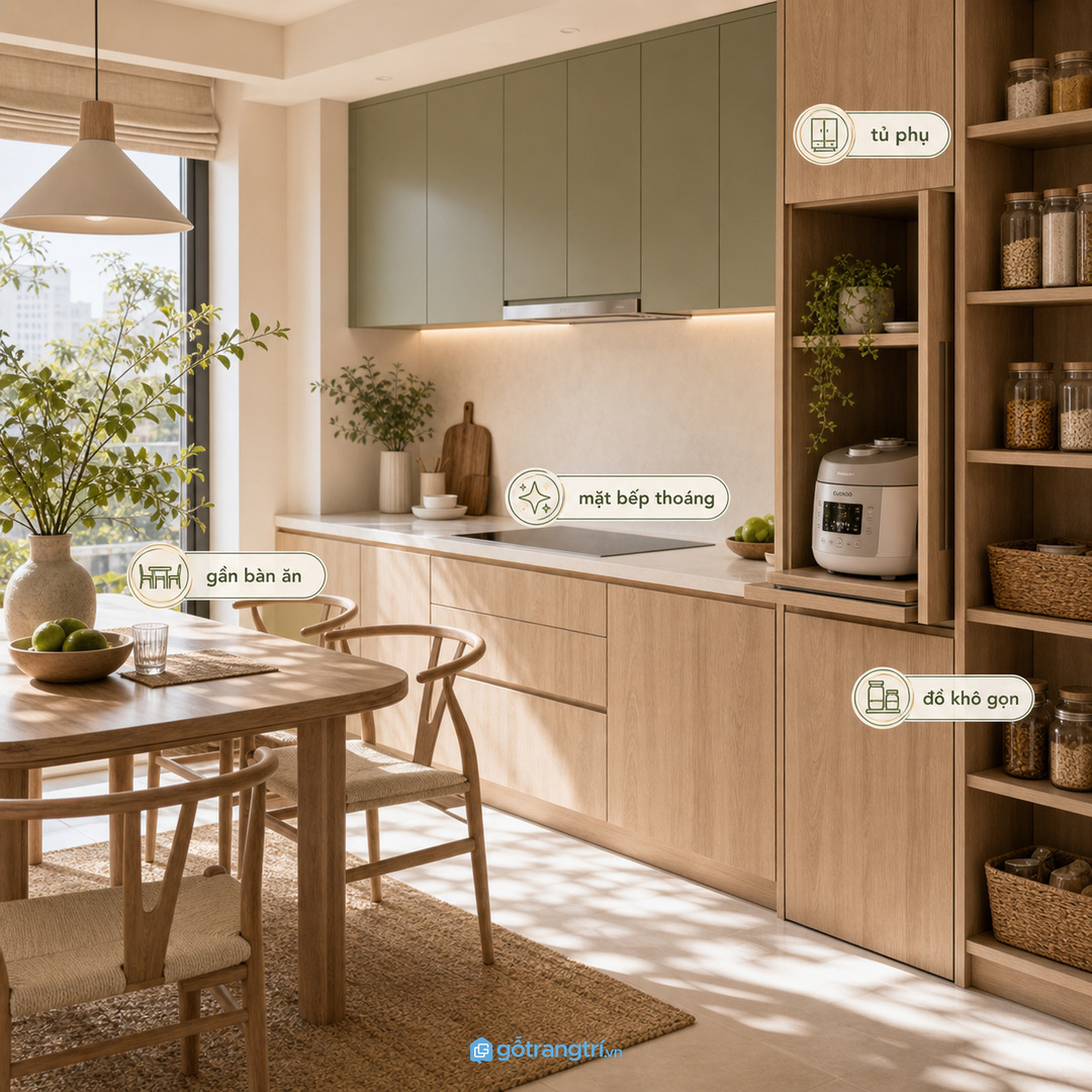 Căn hộ nhỏ có thể gom nồi cơm vào tủ bếp phụ hoặc tủ cao