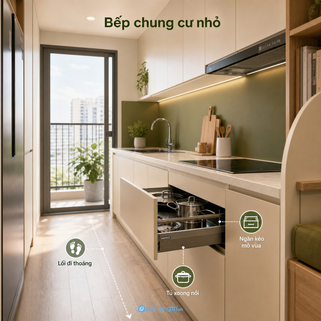Bếp chung cư nhỏ cần ngăn kéo mở được trong lối đi hẹp