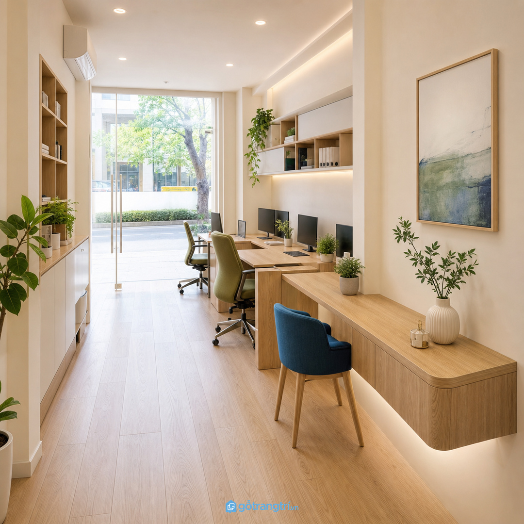 Văn phòng 10-25m2 nên dùng quầy áp tường hoặc chữ I mỏng
