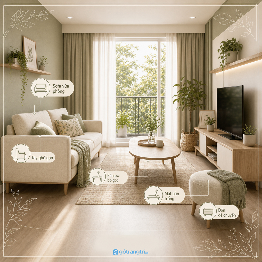 Căn hộ nhỏ hợp sofa chữ L gọn tay vịn, ngồi đủ mà không nặng phòng