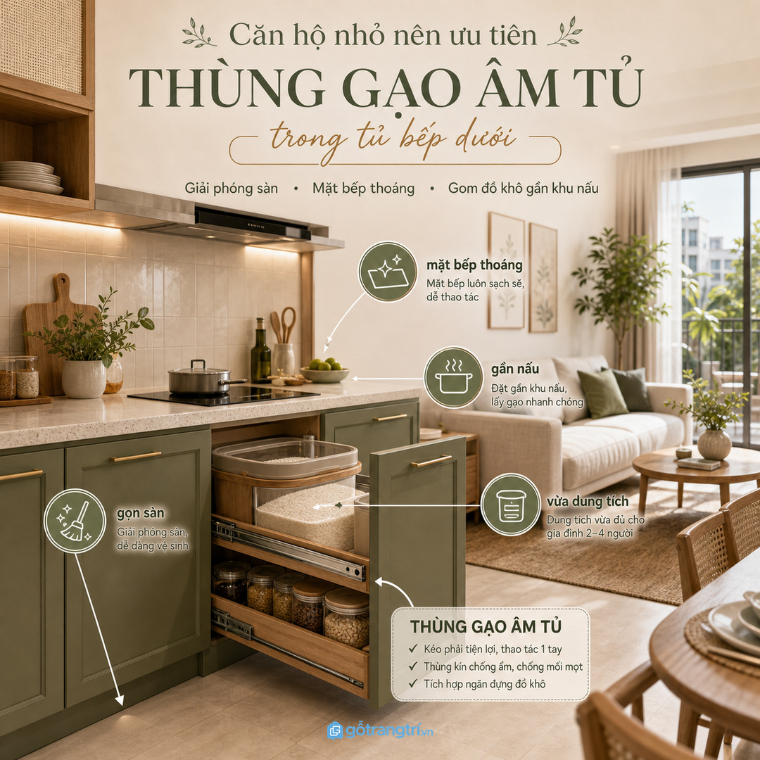Căn hộ nhỏ nên ưu tiên thùng gạo âm tủ trong tủ bếp dưới