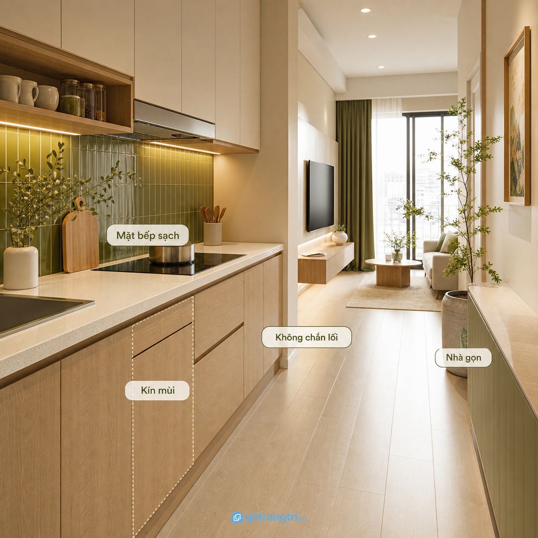 Bếp chung cư cần thùng rác âm gọn, kín mùi và không chắn lối