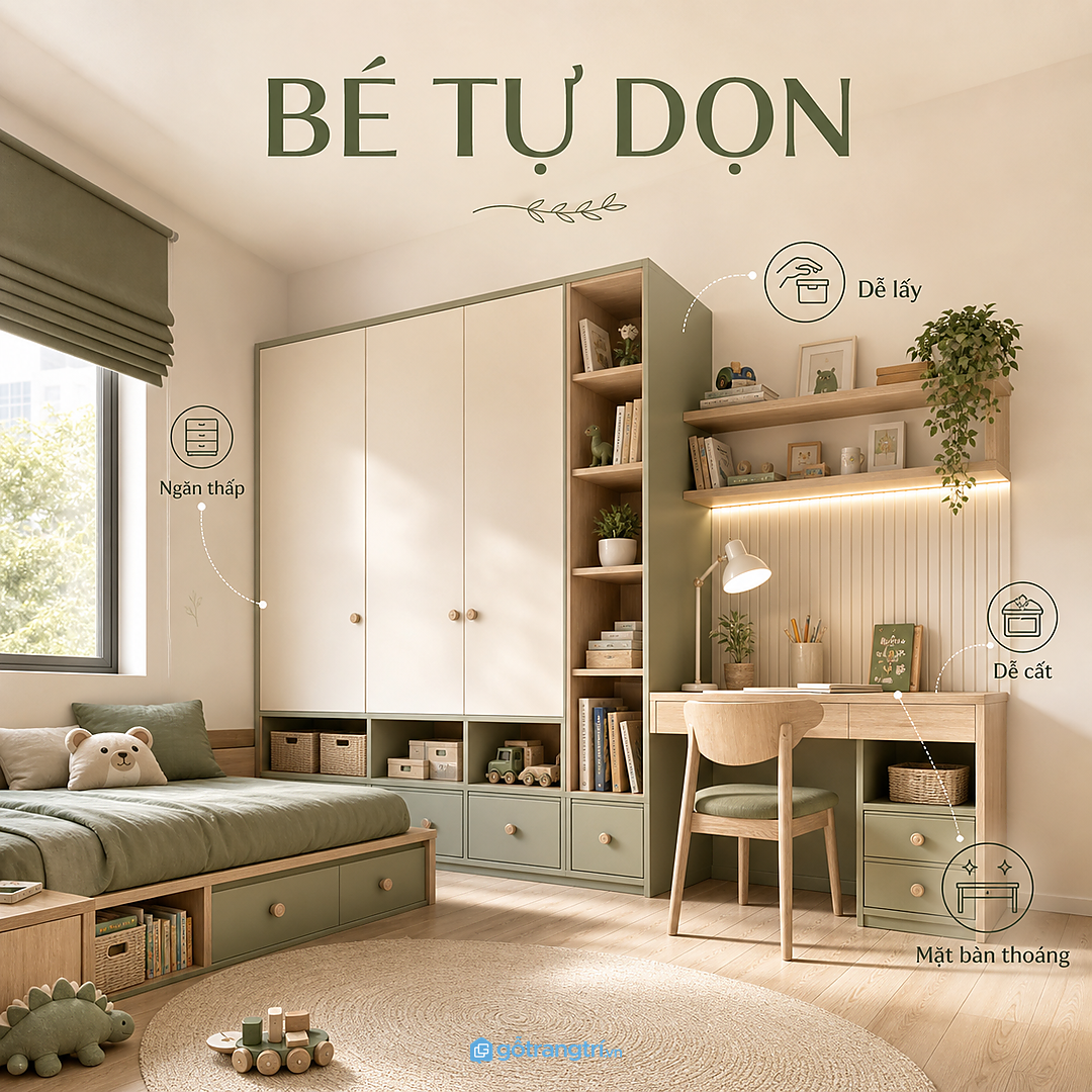 Phòng một bé cần ưu tiên tự lập và dễ dọn
