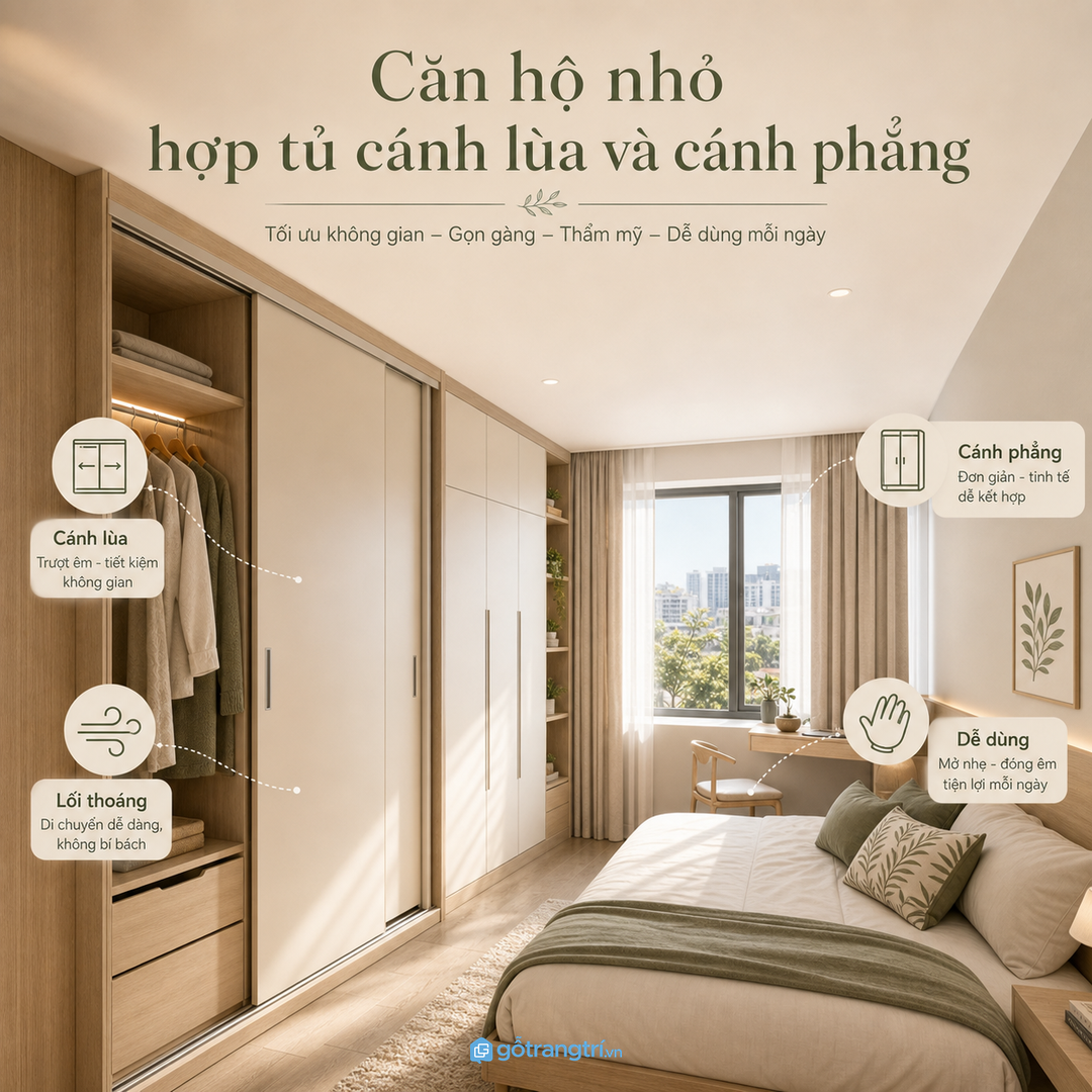 Căn hộ nhỏ hợp tủ cánh lùa hoặc cánh phẳng