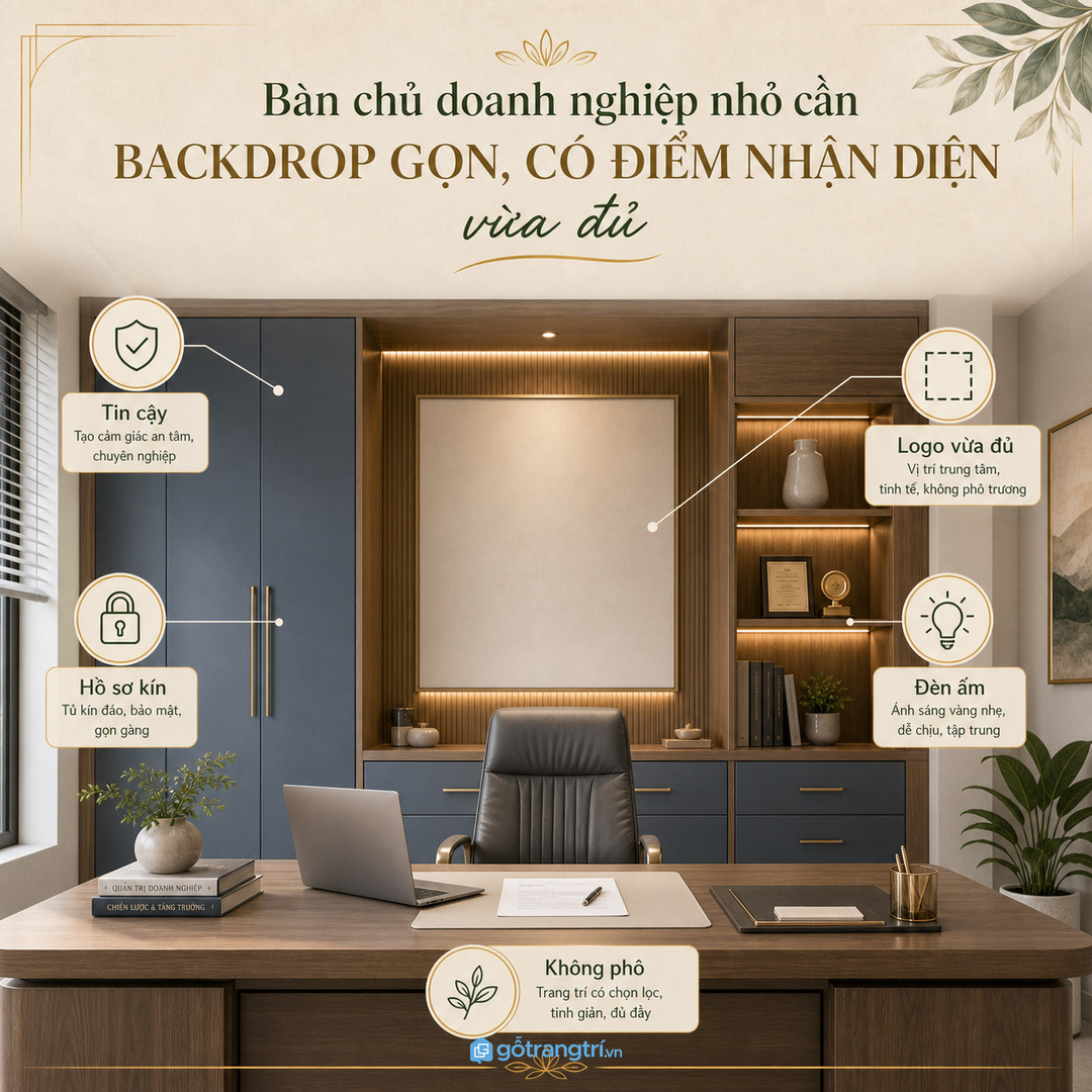 Bàn chủ doanh nghiệp nhỏ cần backdrop gọn, có điểm nhận diện vừa đủ