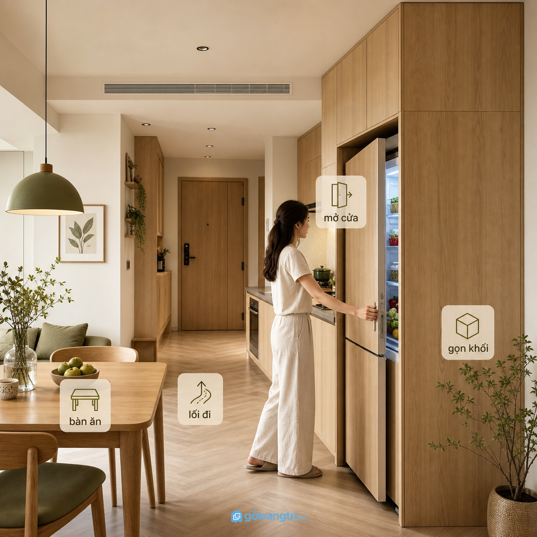 Căn hộ nhỏ cần tủ bao tủ lạnh gọn mặt ngoài và không cấn lối đi