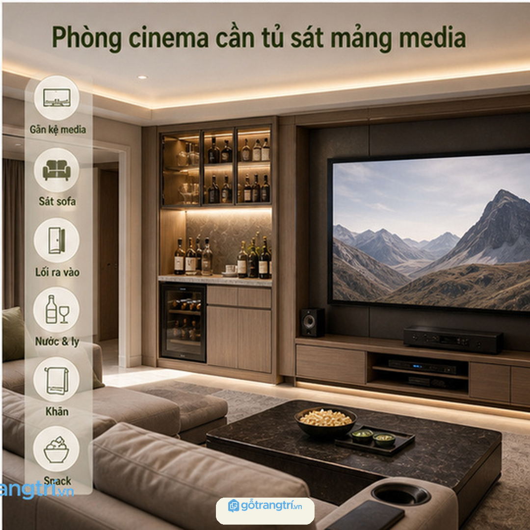 Phòng cinema biệt thự nên đặt tủ bar khô gần sofa và mảng media