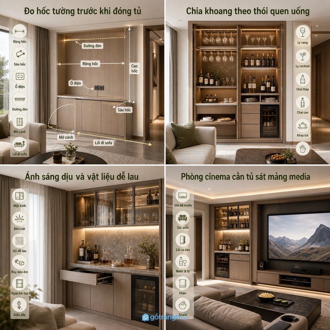 Phòng cinema biệt thự nên đặt tủ bar khô gần sofa và mảng media