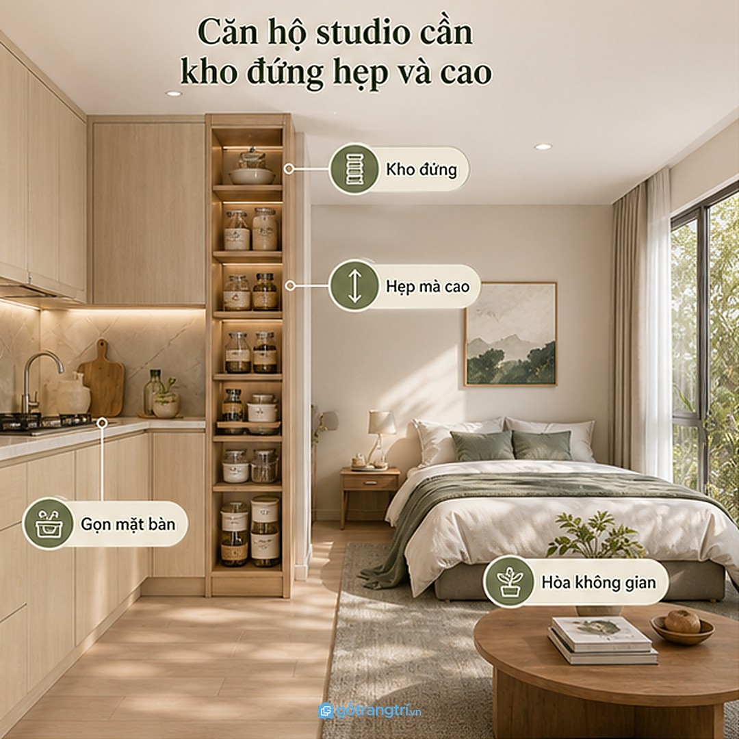 Căn hộ studio hợp tủ bếp cao kịch trần đứng hẹp và cao