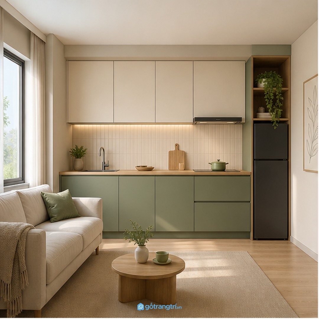Studio một người ở cần tủ bếp chữ I gọn, ít chi tiết và dễ dọn