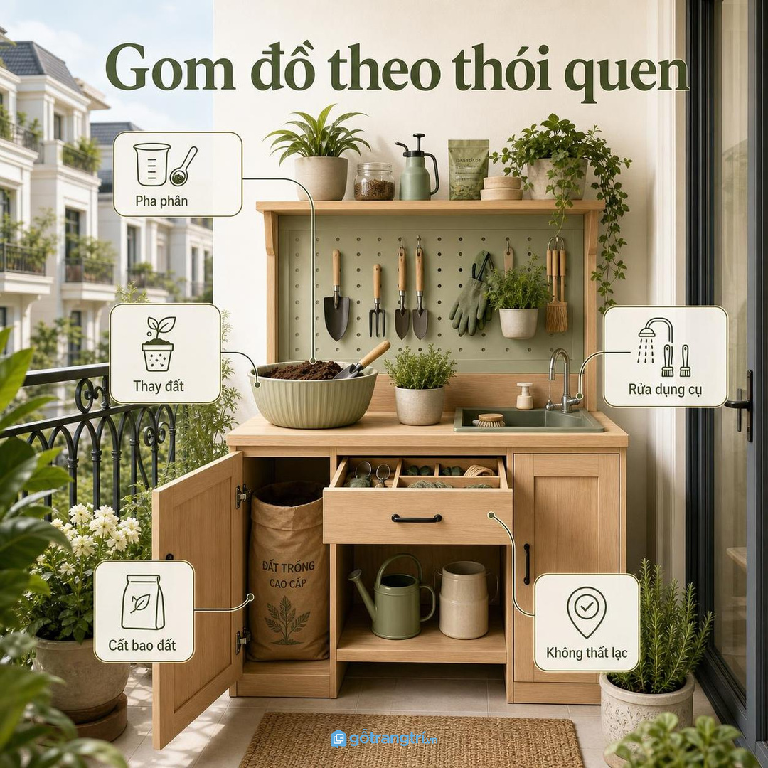 Ban công hẹp hợp tủ thấp hoặc tủ đứng mỏng, không che sáng cây