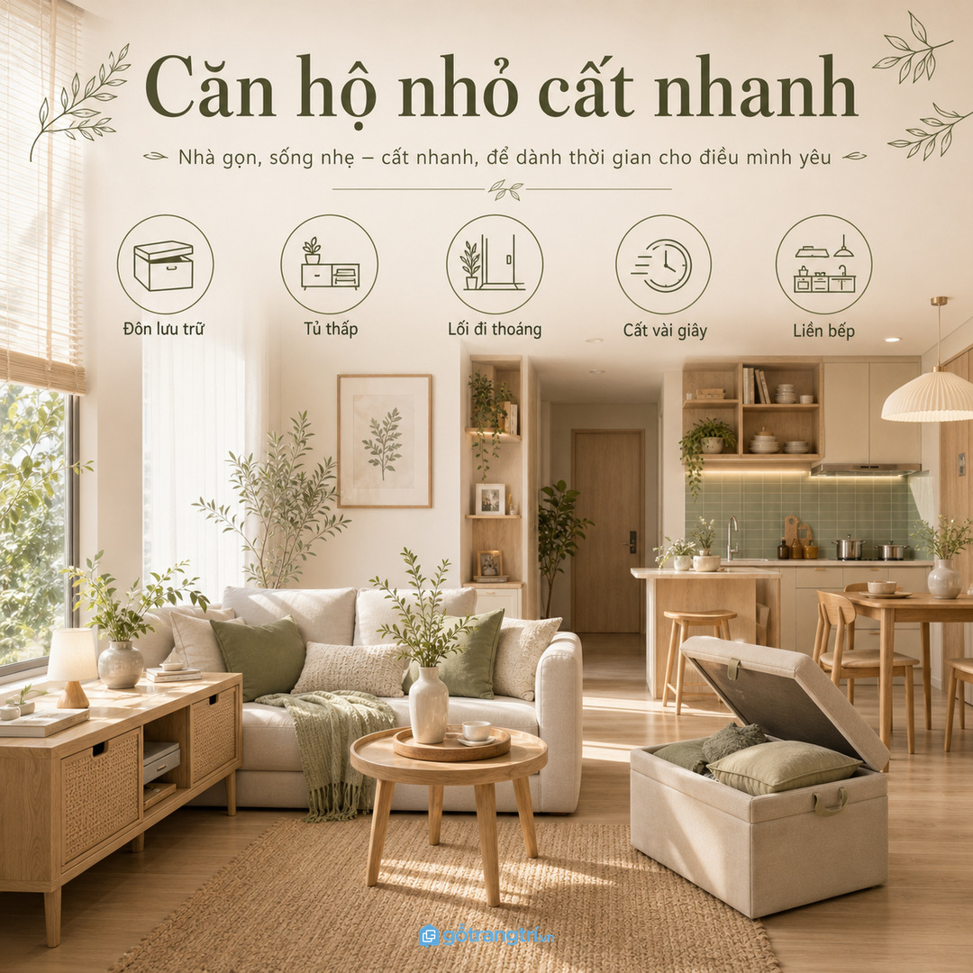 Căn hộ nhỏ nên dùng tủ thấp hoặc đôn lưu trữ cạnh sofa
