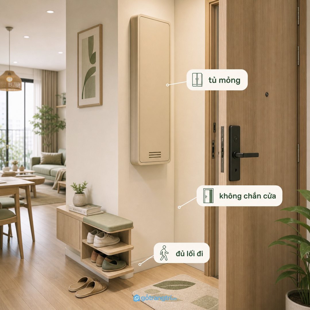 Kết hợp tủ che điện với tủ giày để mặt tường liền mạch