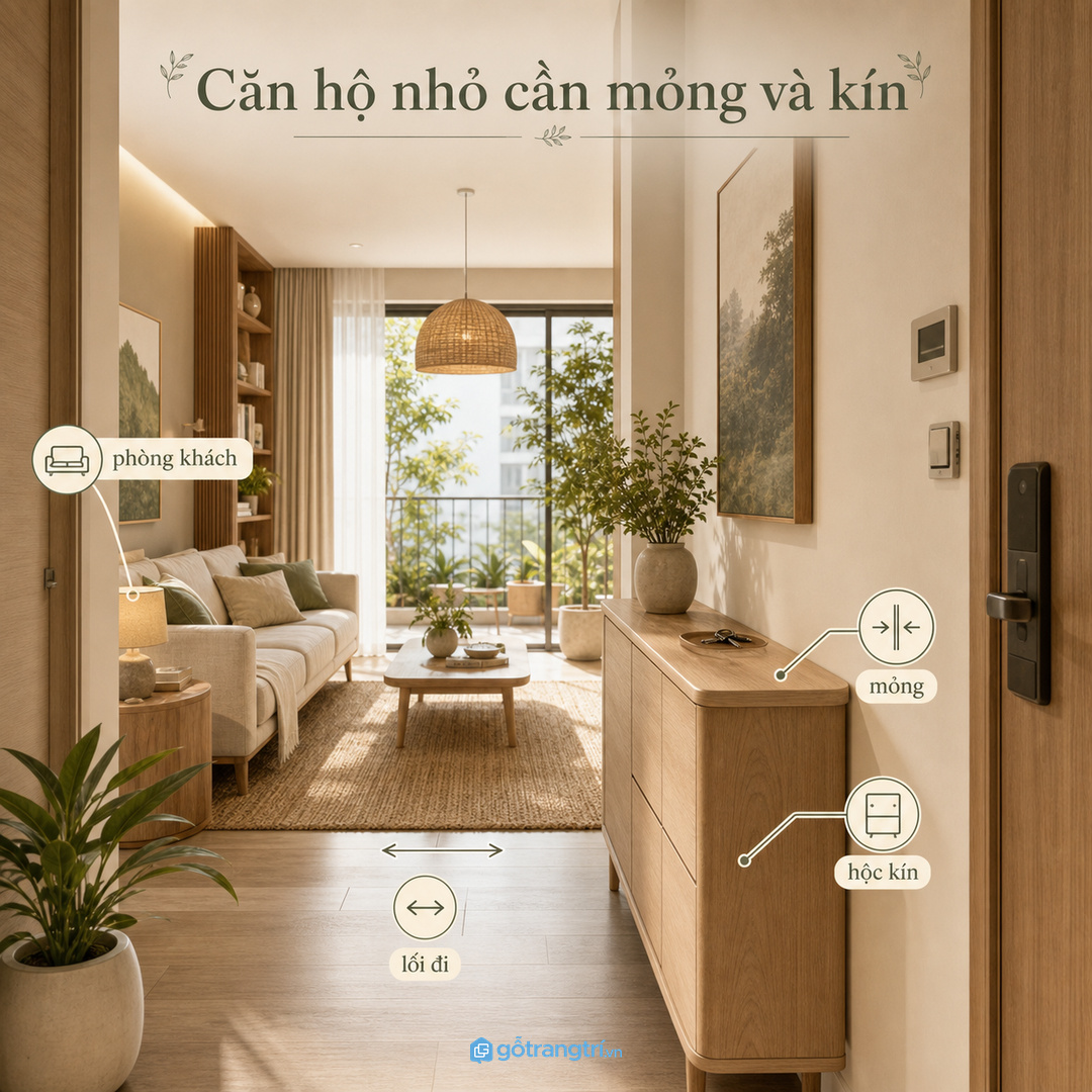 Căn hộ nhỏ hợp tủ console mỏng, kín và không chắn phòng khách