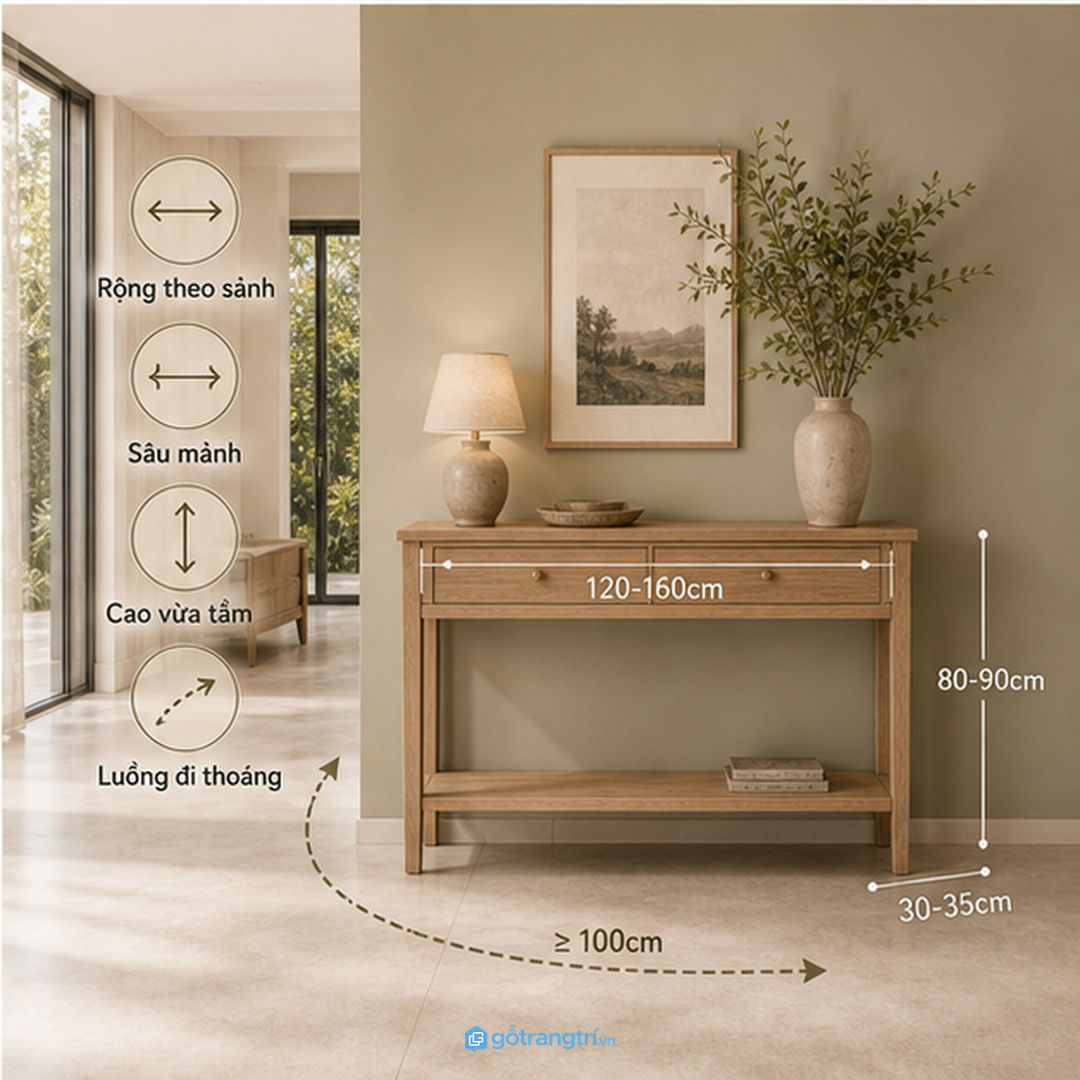 Sảnh rộng cần console có nhịp, không phải tủ thật lớn