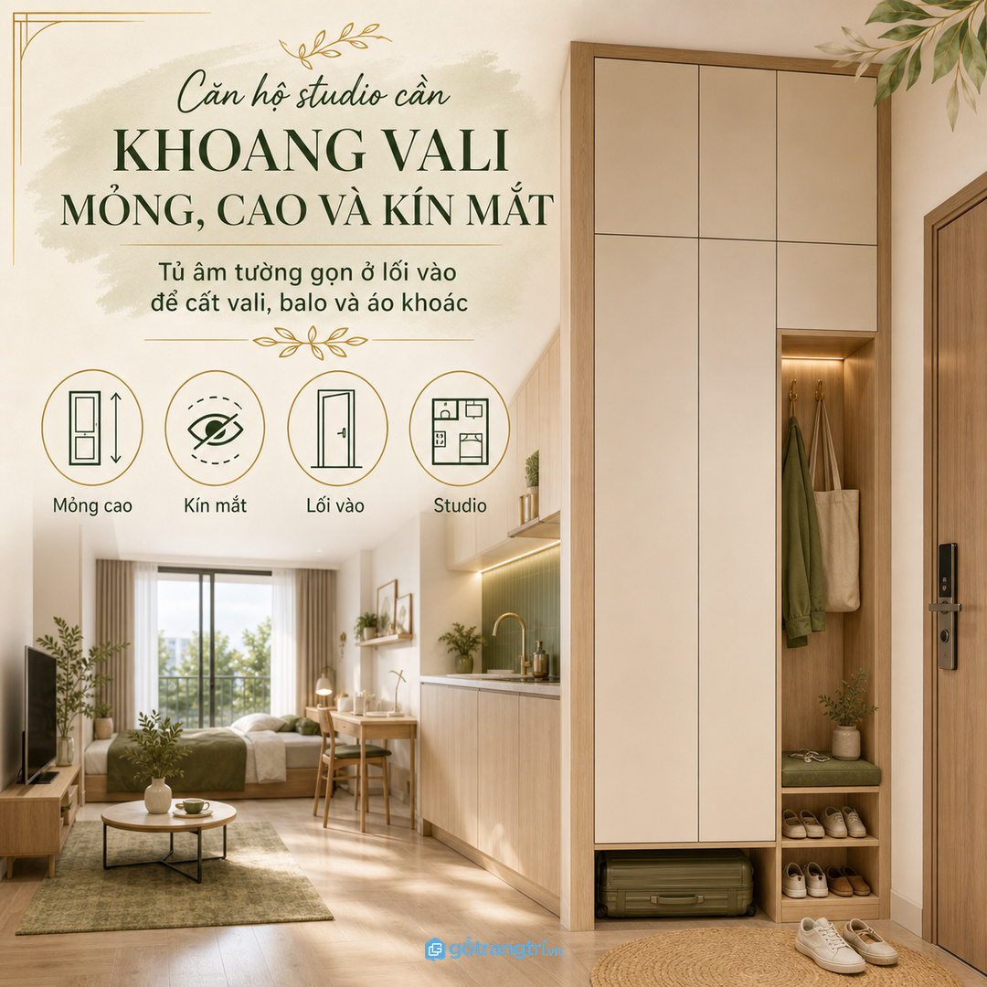 Căn hộ studio hợp khoang vali mỏng cao ở lối vào
