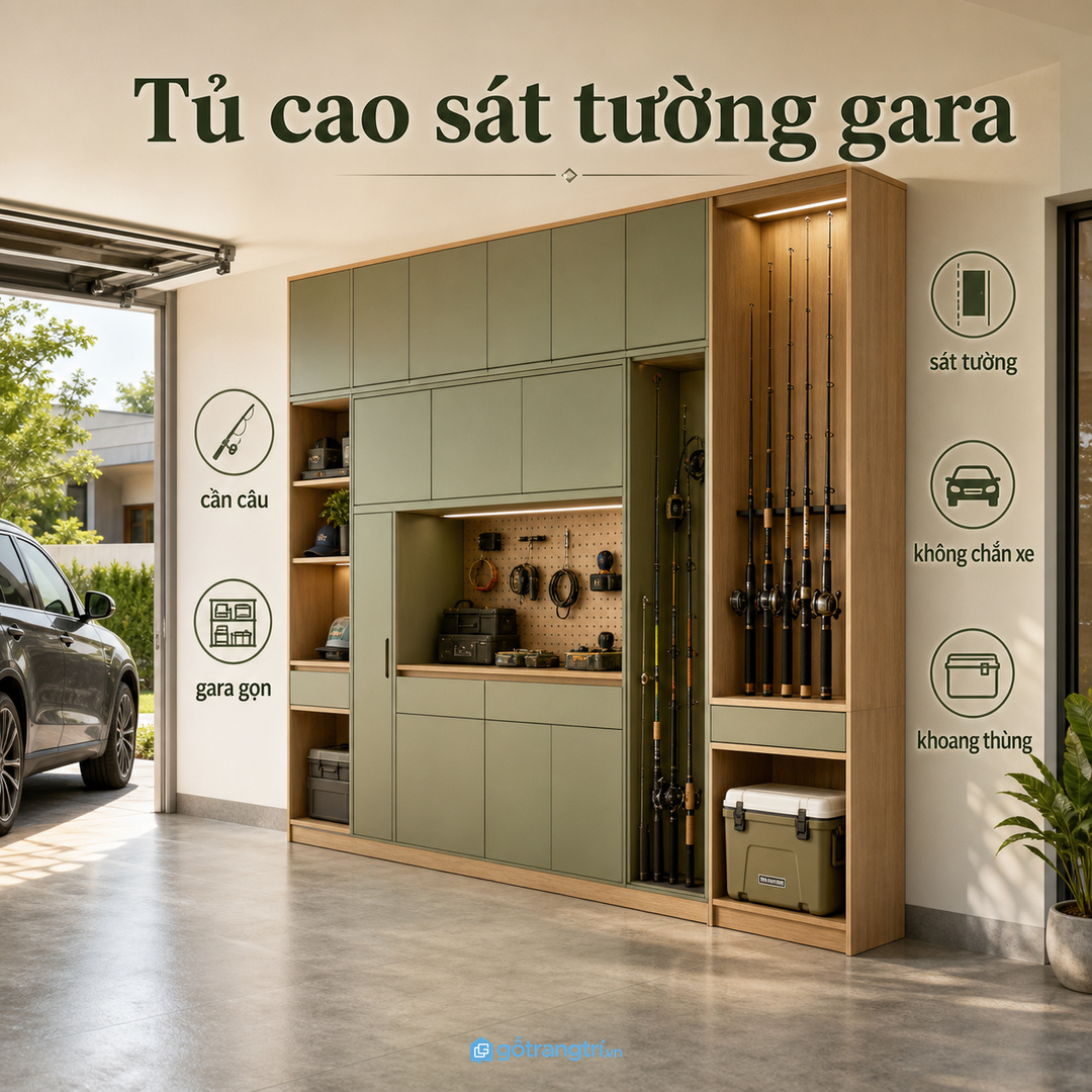 Biệt thự có gara hợp tủ cao sát tường, gọn cần câu và thùng giữ lạnh