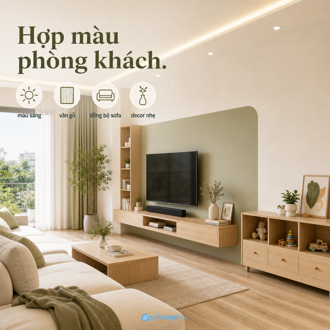 Màu tủ đồng bộ giúp phòng khách vẫn sang và nhẹ mắt