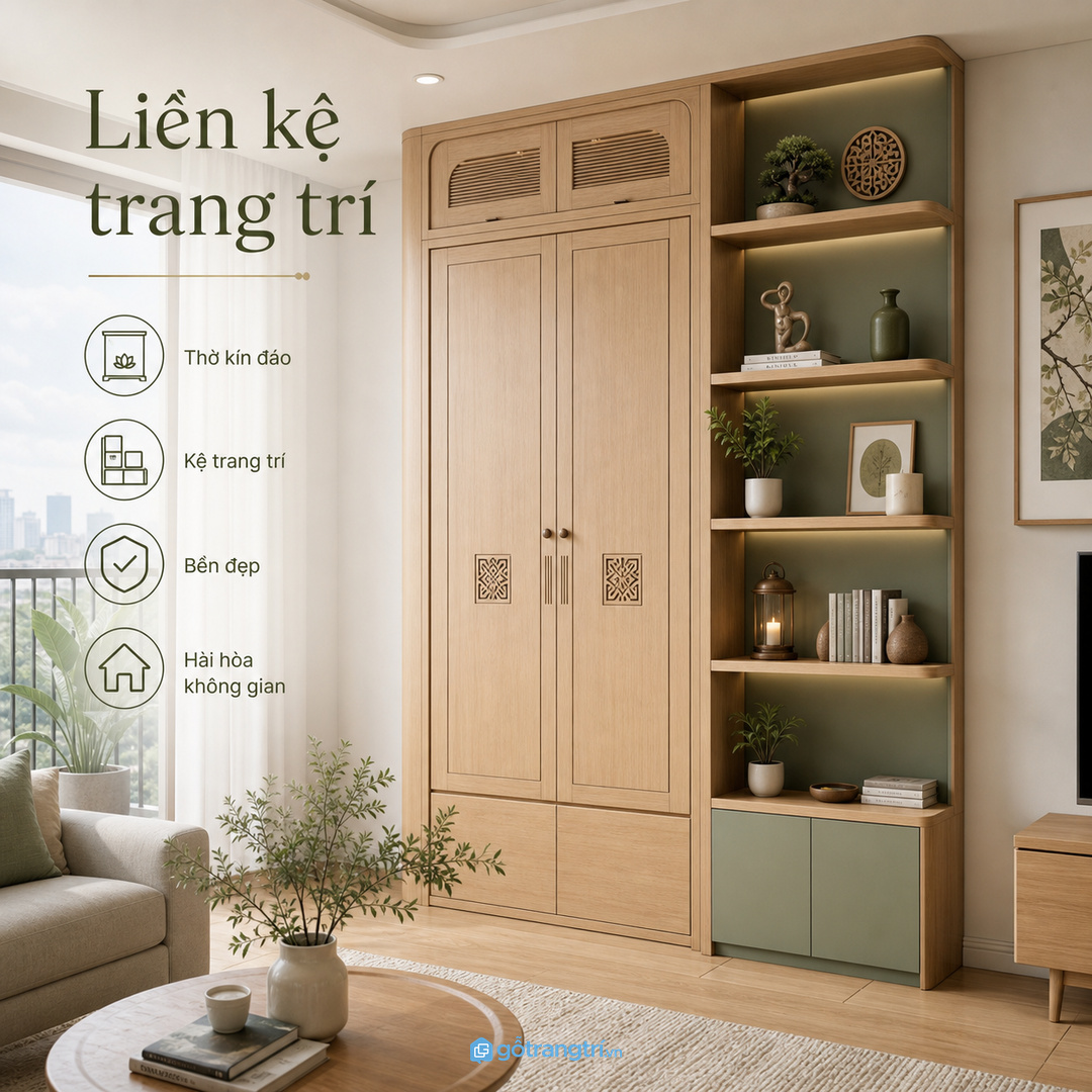 Căn hộ nhỏ có thể kết hợp tủ lễ với kệ trang trí phòng khách