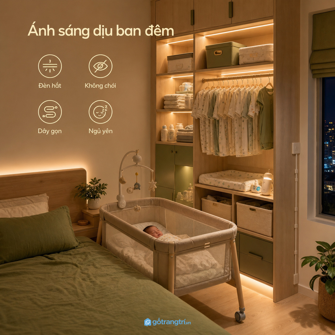 Ánh sáng dịu ban đêm giúp chăm bé mà phòng vẫn yên