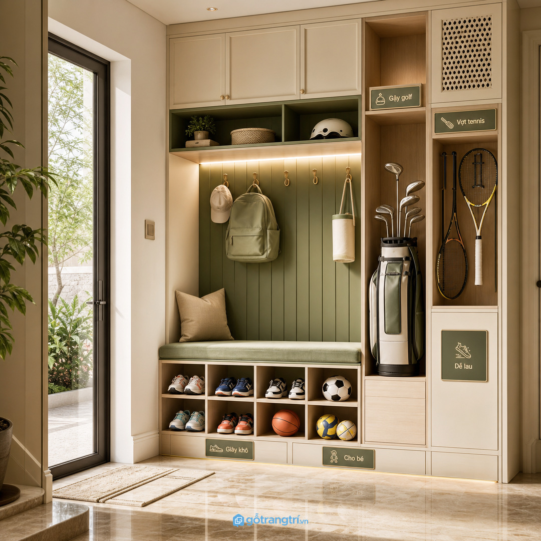 Gia đình chơi golf tennis cần khoang cao và hộc phụ kiện rõ ràng