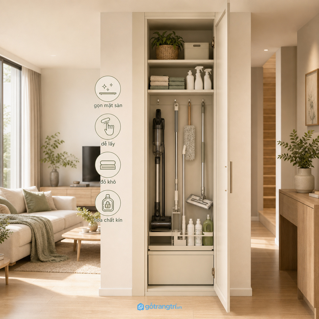 Hành lang hoặc gầm thang hợp tủ mỏng nếu còn lối đi thoáng