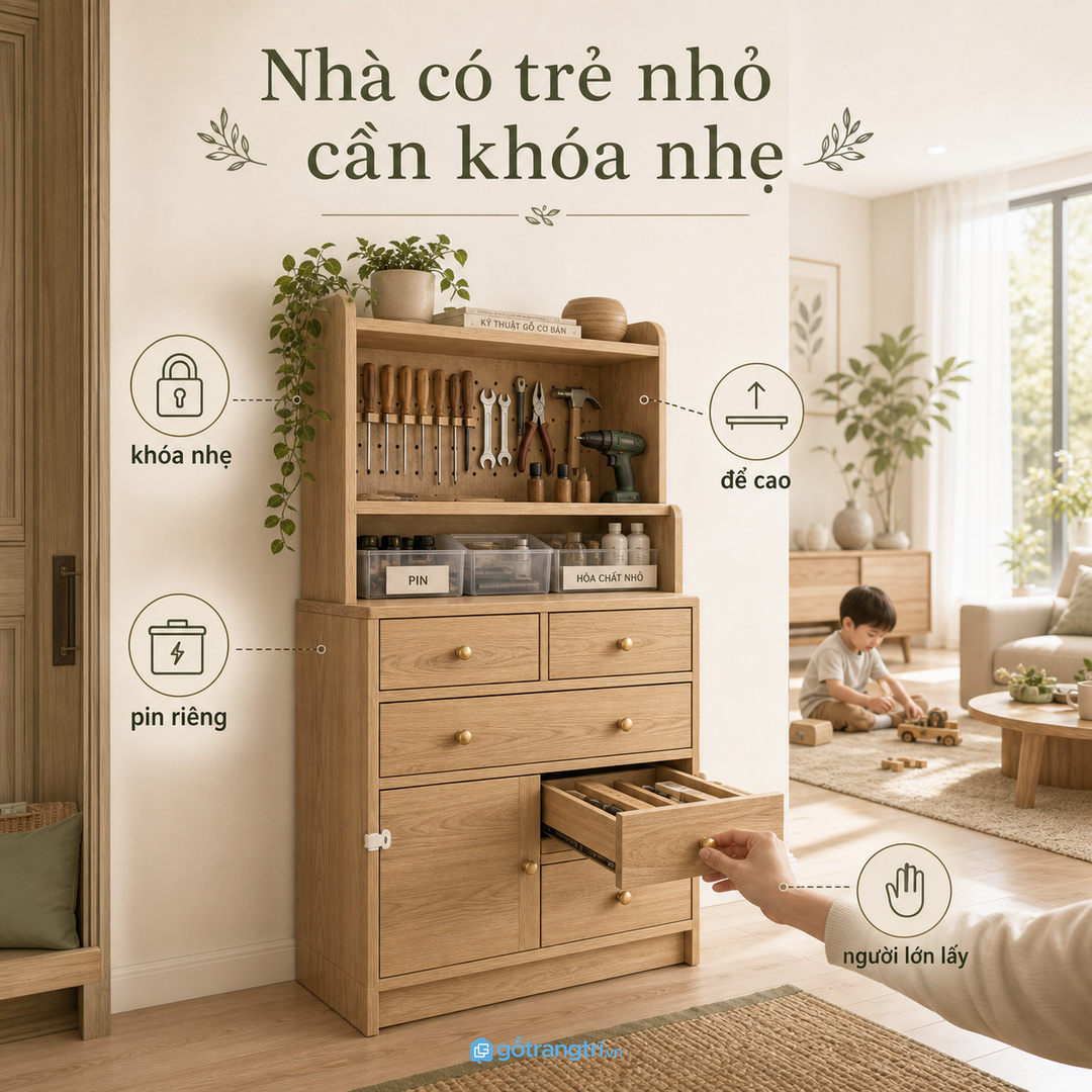 Nhà có trẻ nhỏ cần hộc khóa nhẹ và đồ sắc đặt ngoài tầm với