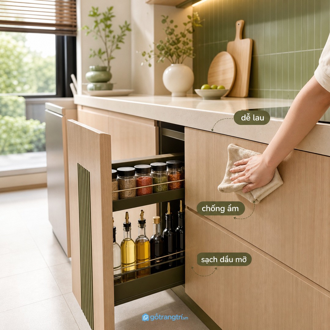 Bếp chung cư nhỏ cần mặt bàn thoáng thay vì thêm kệ gia vị rời