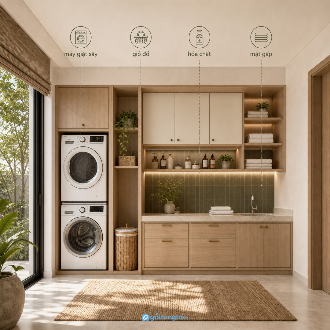 Phòng giặt riêng rộng có thể làm tủ chữ L, mặt gấp lớn và khoang lưu trữ kịch trần