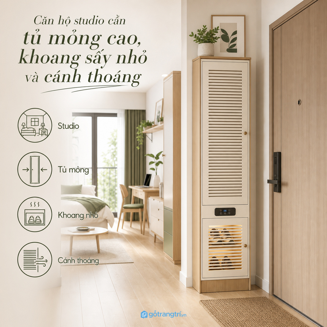 Căn hộ studio cần tủ mỏng cao, khoang sấy nhỏ và cánh thoáng
