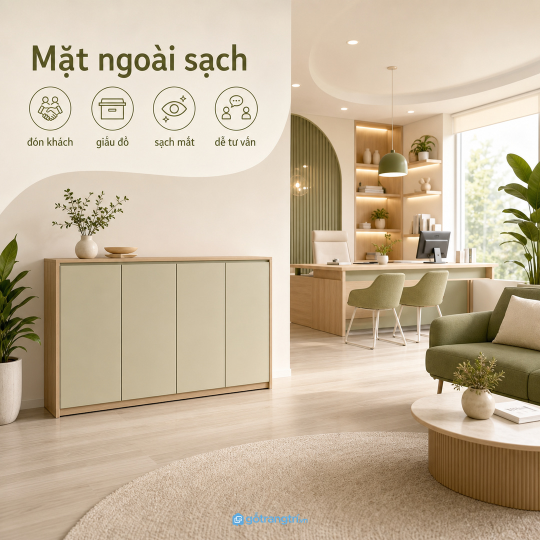 Văn phòng 5-10 người hợp tủ thấp áp tường, dễ lấy và không chắn cửa
