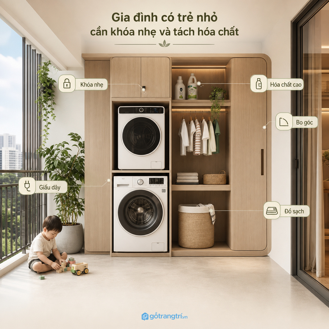 Căn hộ studio hợp tủ giỏ đồ giặt mỏng cao theo chiều đứng
