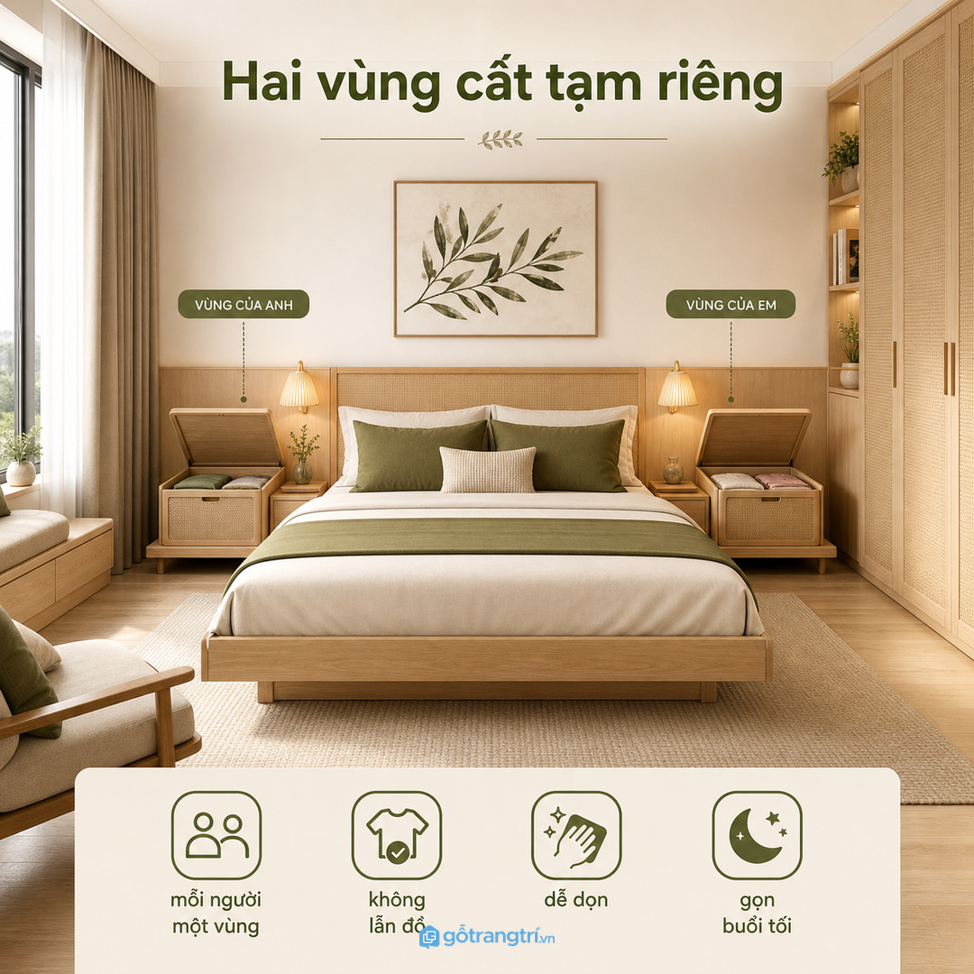 Phòng ngủ vợ chồng cần hai vùng cất tạm riêng