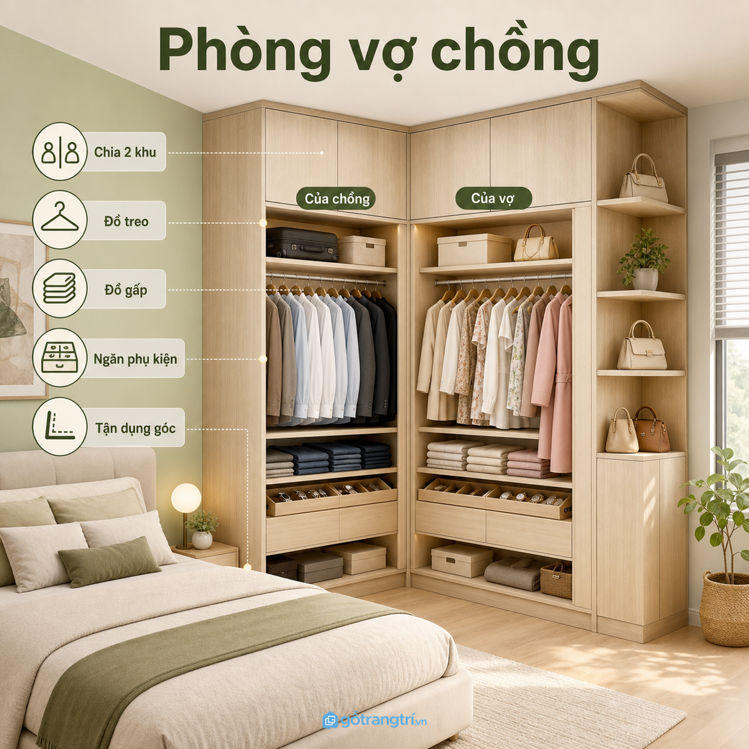 Tủ góc chữ L cho phòng vợ chồng