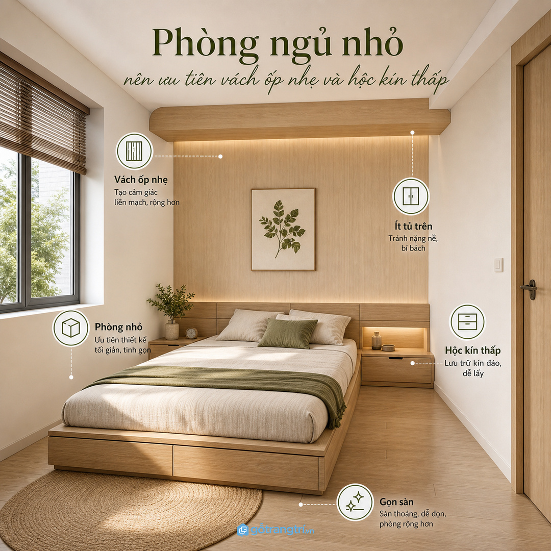 Phòng ngủ nhỏ nên ưu tiên vách ốp nhẹ và hộc kín thấp