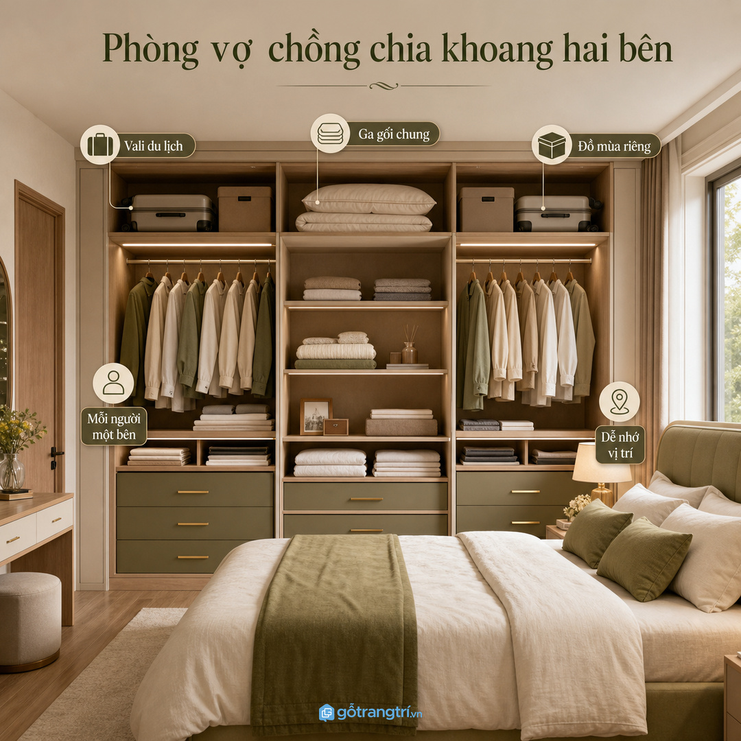 Phòng ngủ vợ chồng hợp khoang vali kín, chia đồ mùa theo hai bên